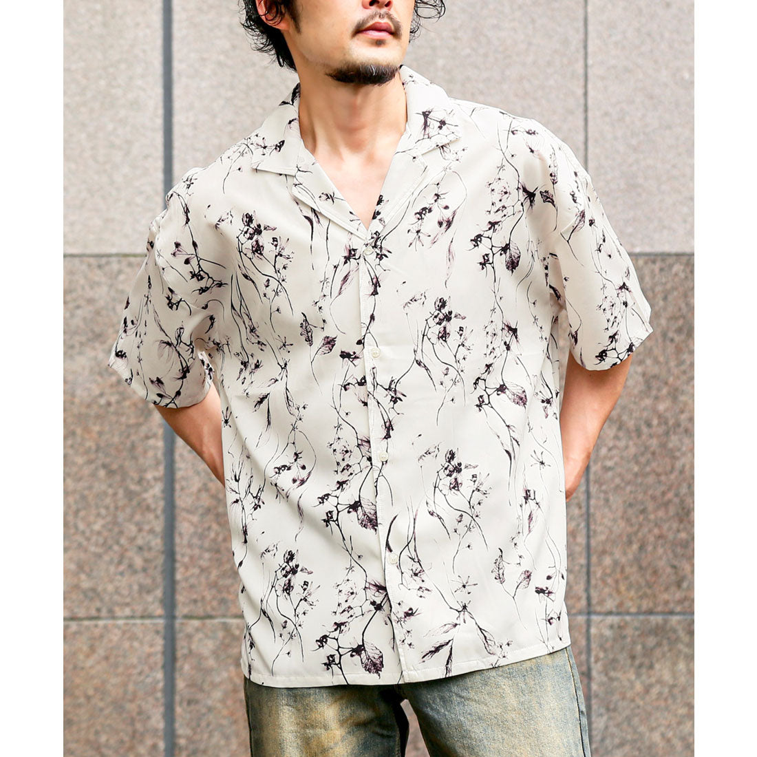 ラグスタイル LUXSTYLE 花柄オープンカラー半袖シャツ/シャツ 半袖 開襟シャツ 花柄 総柄 ビッグシルエット 薄手 柄シャツ メンズシャツ モノトーン ゆったり (ホワイト) ホワイト