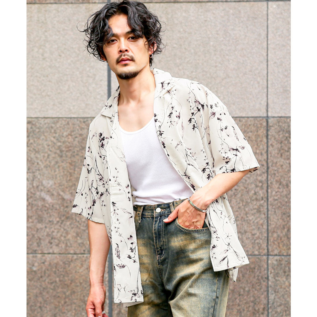 ラグスタイル LUXSTYLE 花柄オープンカラー半袖シャツ/シャツ 半袖 開襟シャツ 花柄 総柄 ビッグシルエット 薄手 柄シャツ メンズシャツ モノトーン ゆったり (ホワイト) ホワイト