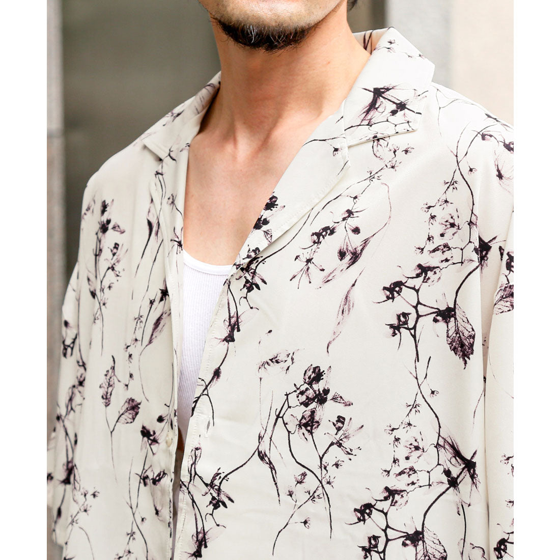 ラグスタイル LUXSTYLE 花柄オープンカラー半袖シャツ/シャツ 半袖 開襟シャツ 花柄 総柄 ビッグシルエット 薄手 柄シャツ メンズシャツ モノトーン ゆったり (ホワイト) ホワイト
