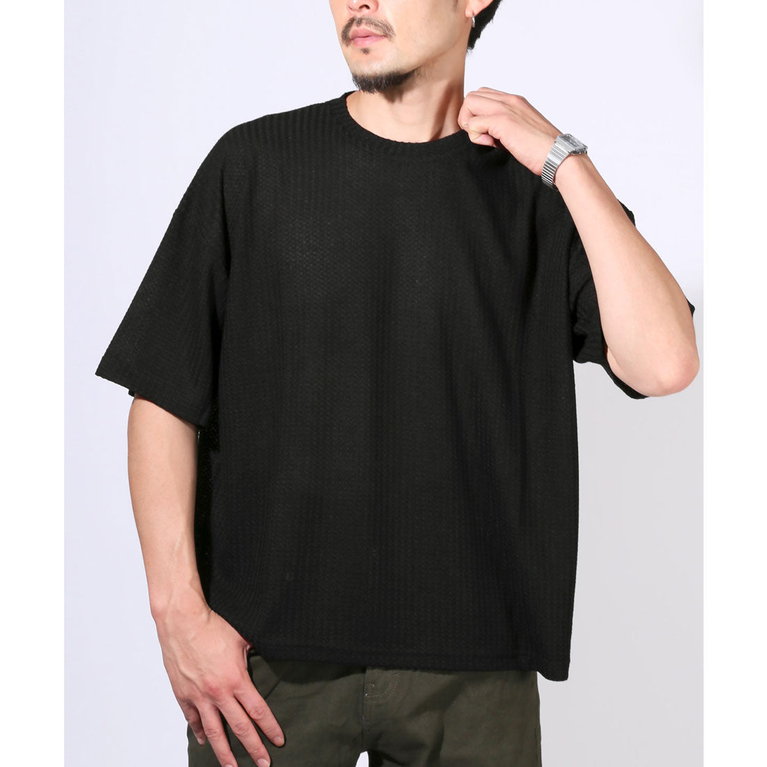 ラグスタイル LUXSTYLE サマーワッフル半袖Tシャツ/無地 ワッフル 夏 サマー ゆったり オーバーサイズ 丸首 クルーネック シンプル カジュアル (ブラック) ブラック
