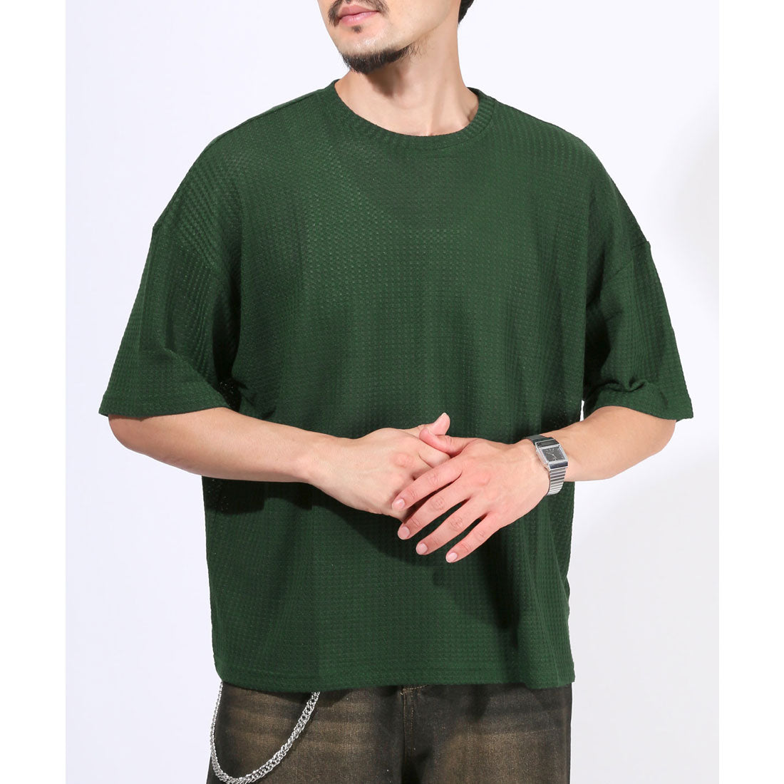 ラグスタイル LUXSTYLE サマーワッフル半袖Tシャツ/無地 ワッフル 夏 サマー ゆったり オーバーサイズ 丸首 クルーネック シンプル カジュアル (グリーン) グリーン