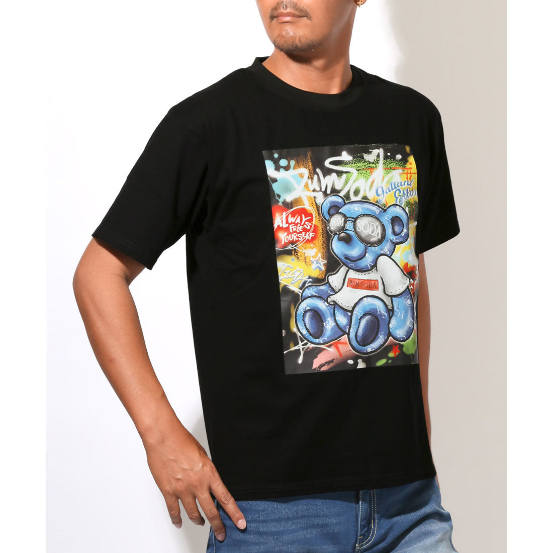 ラグスタイル LUXSTYLE RUMSODA(ラムソーダ)天竺ベアプリント半袖Tシャツ/トップス メンズ 半袖 ブランド テディベア クマ グラフィティ アート ロゴ プリント クルーネック 丸首 天竺 (ブラック) ブラック