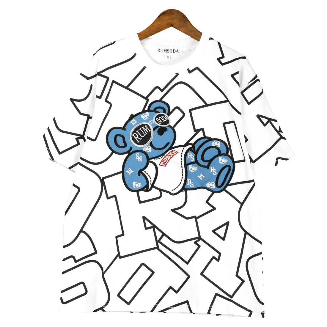 ラグスタイル LUXSTYLE RUMSODA(ラムソーダ)天竺ツイルアップリケ刺繍半袖Tシャツ/トップス メンズ 半袖 ブランド テディベア クマ アップリケ 刺繍 ビッグロゴ 総柄 プリント 天竺 (ホワイト) ホワイト