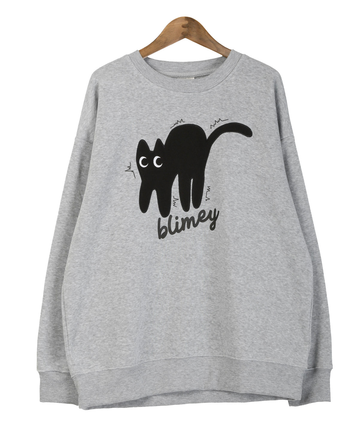 ラグスタイル LUXSTYLE 黒猫アップリケ裏起毛スウェット/暖か 裏起毛 オーバーサイズ ゆったり ネコ 猫 アップリケ ロゴ プリント キャラクター 防寒 丸首 (グレー) グレー