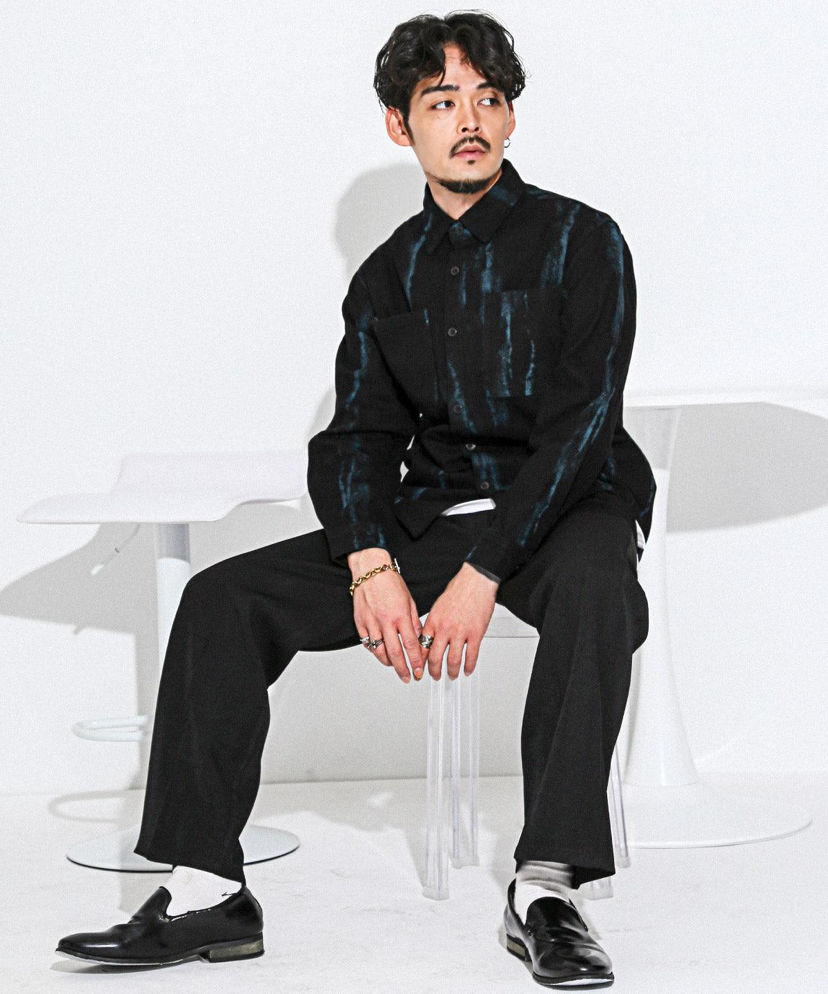 ラグスタイル LUXSTYLE グランジペイント加工ブラックデニムシャツ/デニムシャツ カジュアルシャツ メンズ 長袖 綿100% コットン レギュラーカラー 羽織り グランジ加工 (ブルー) ブルー