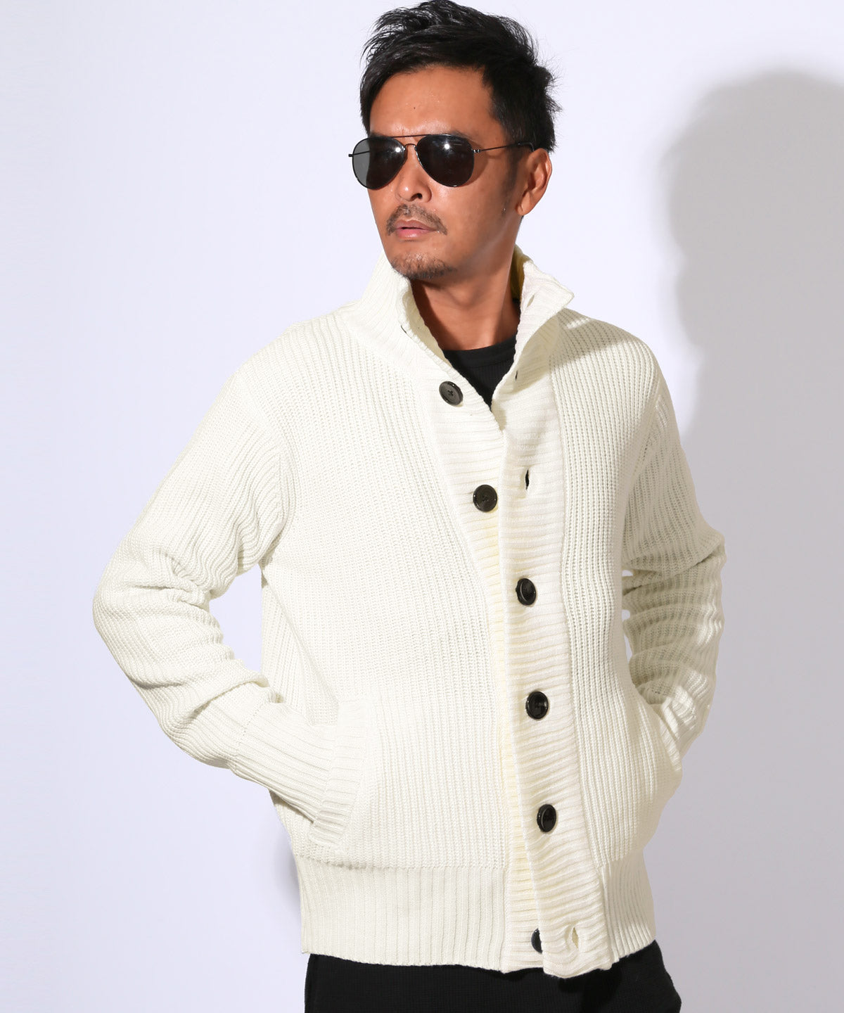 ラグスタイル LUXSTYLE 畦編みニットカーディガン/カーデ 畦編み 片畦 スタンドネック 長袖 無地 杢 ミックス アクリル100% ボタン 暖か あったか おしゃれ (ベージュミックス) ベージュミックス