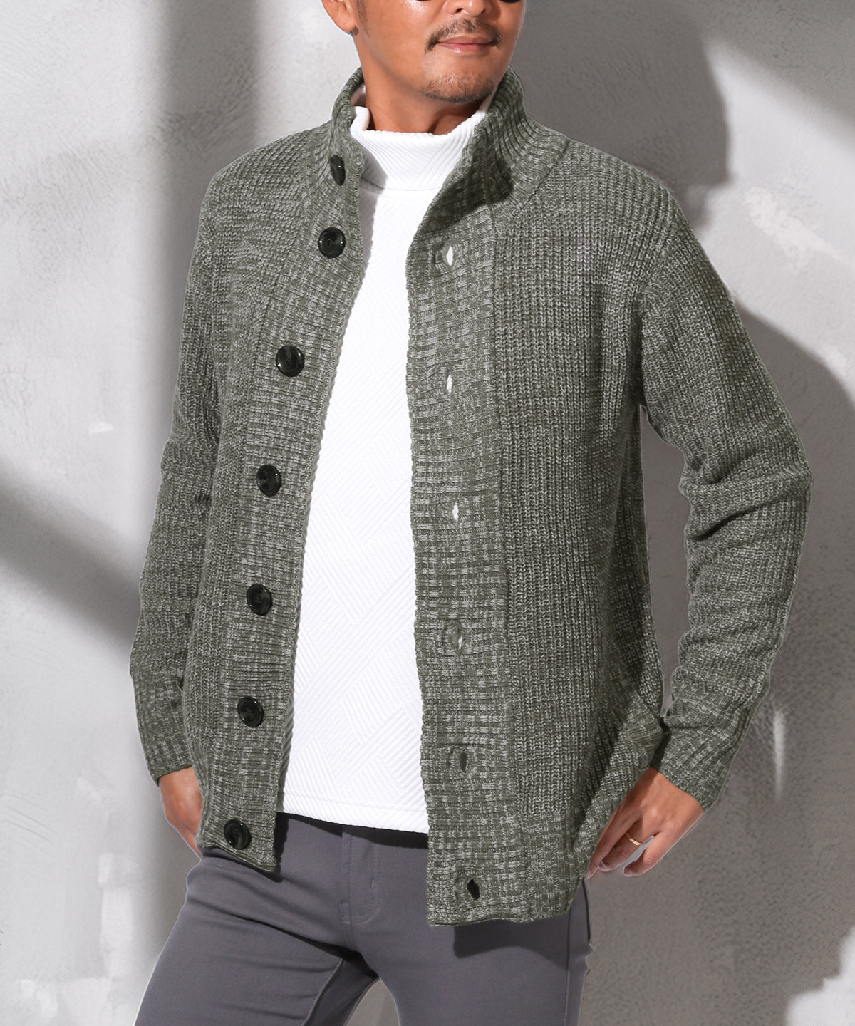 ラグスタイル LUXSTYLE 畦編みニットカーディガン/カーデ 畦編み 片畦 スタンドネック 長袖 無地 杢 ミックス アクリル100% ボタン 暖か あったか おしゃれ (グレーミックス) グレーミックス