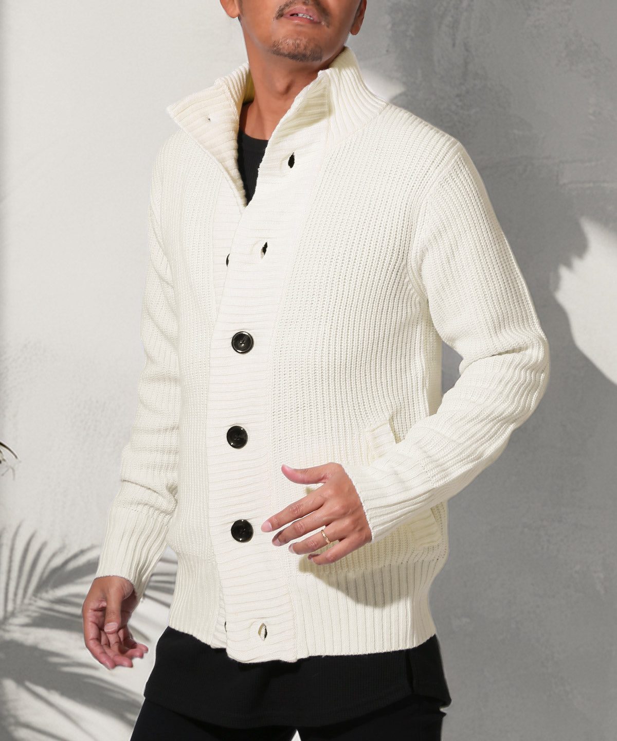 ラグスタイル LUXSTYLE 畦編みニットカーディガン/カーデ 畦編み 片畦 スタンドネック 長袖 無地 杢 ミックス アクリル100% ボタン 暖か あったか おしゃれ (ホワイト) ホワイト