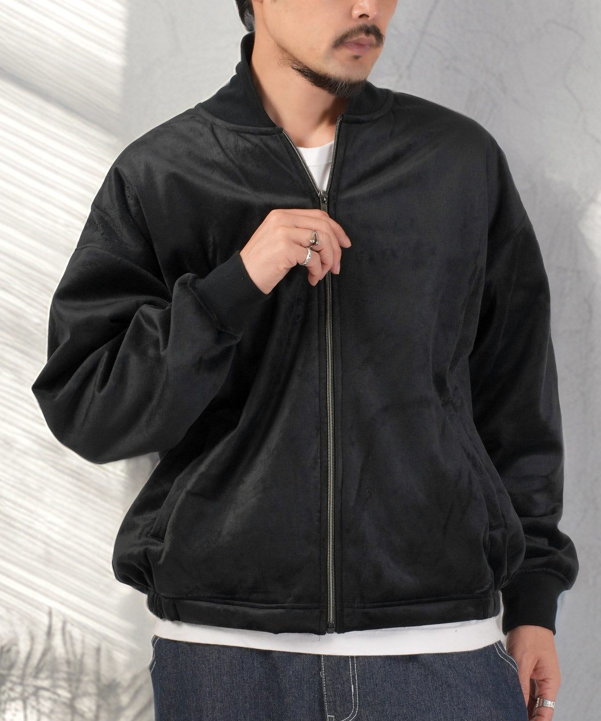 ラグスタイル LUXSTYLE ベロア裏シャギーボンディングブルゾン/裏ボア ボンディング ボアブルゾン ボアジャケット あったか 暖 防寒 MA-1 軽い 軽量 (ブラック) ブラック