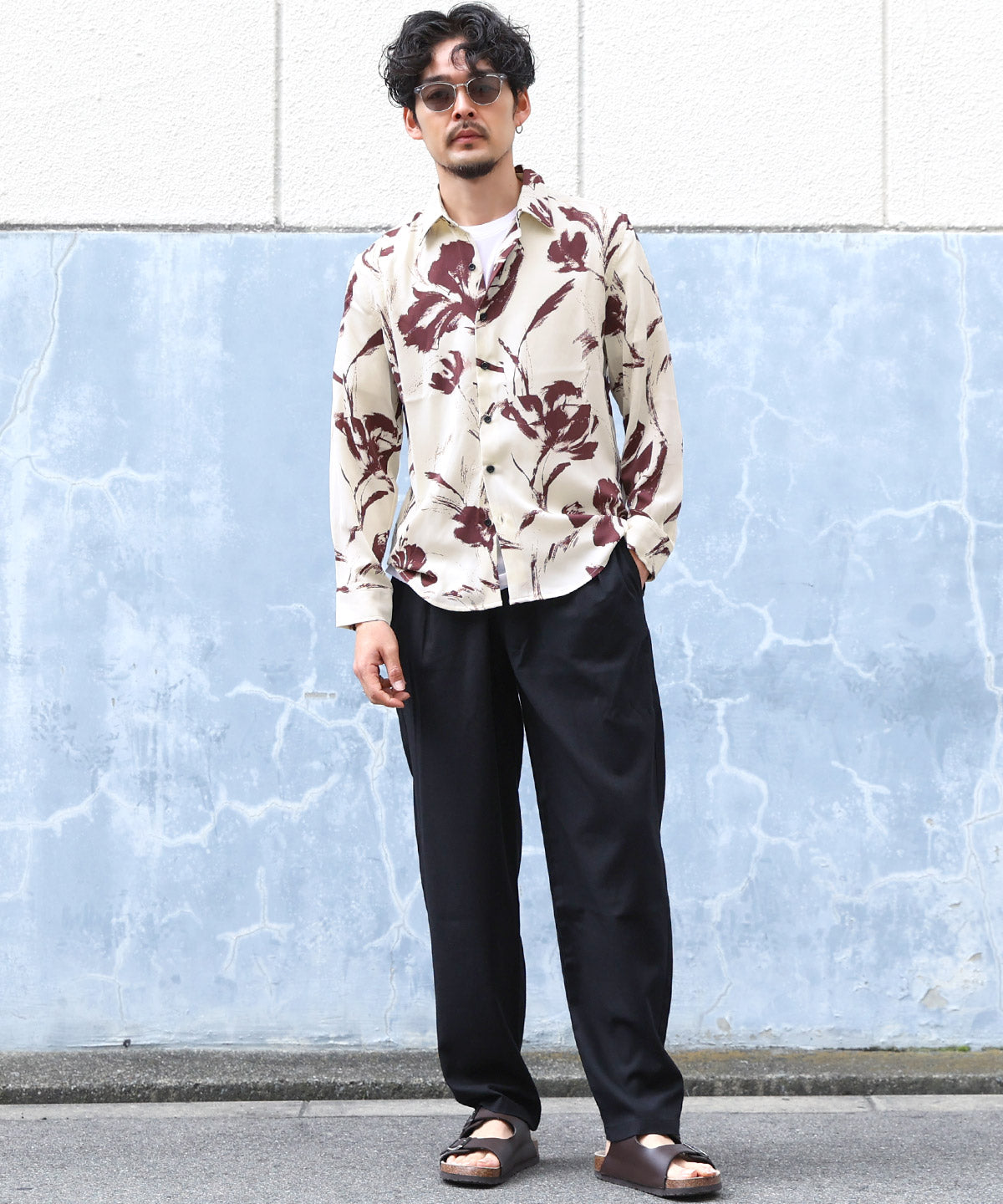 ラグスタイル LUXSTYLE 総柄長袖シャツ/総柄 ストライプ フラワー 花柄 プリント レギュラーカラー ドレープ キレイめ とろみ感 おしゃれ (5) 5