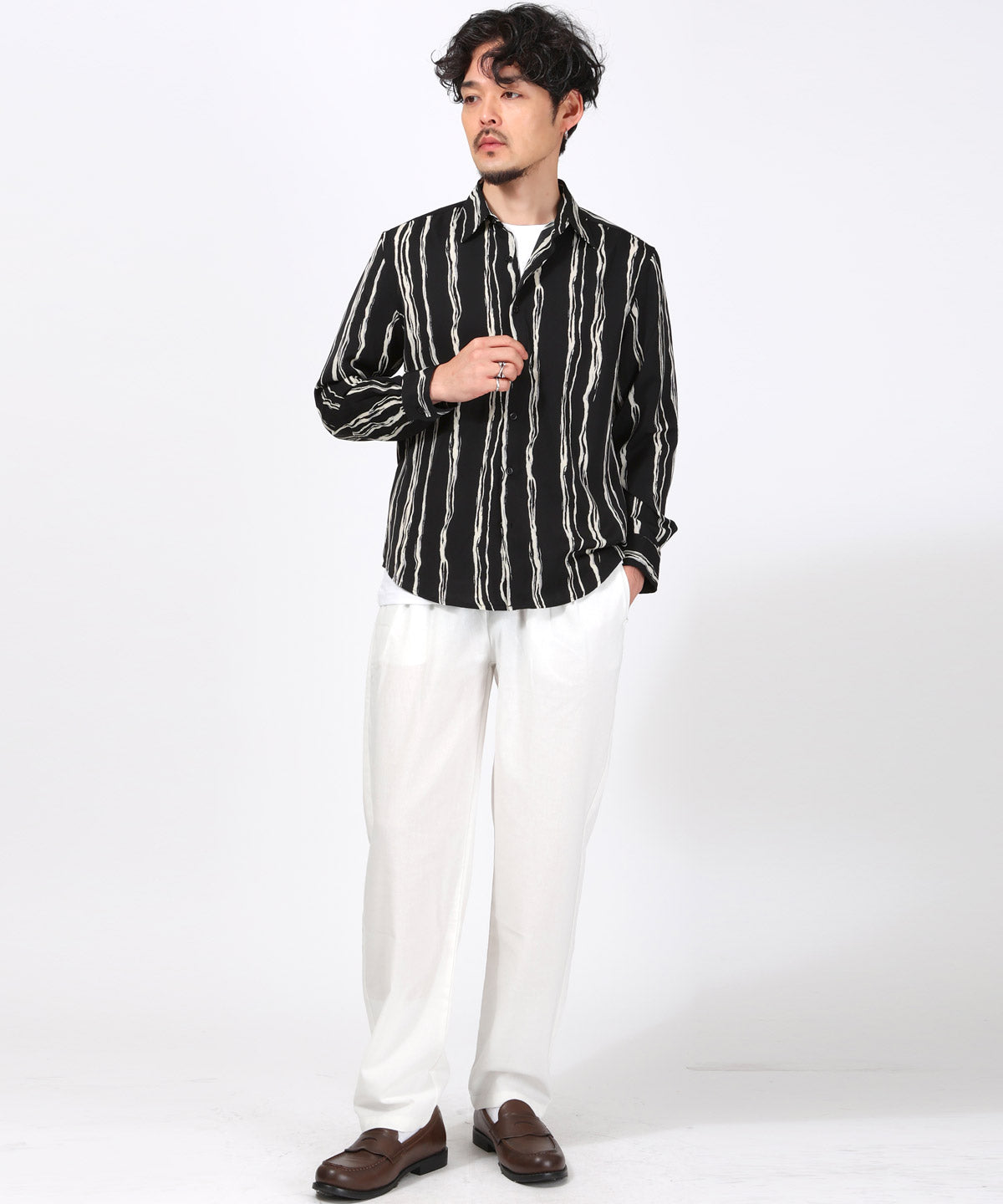 ラグスタイル LUXSTYLE 総柄長袖シャツ/総柄 ストライプ フラワー 花柄 プリント レギュラーカラー ドレープ キレイめ とろみ感 おしゃれ (5) 5