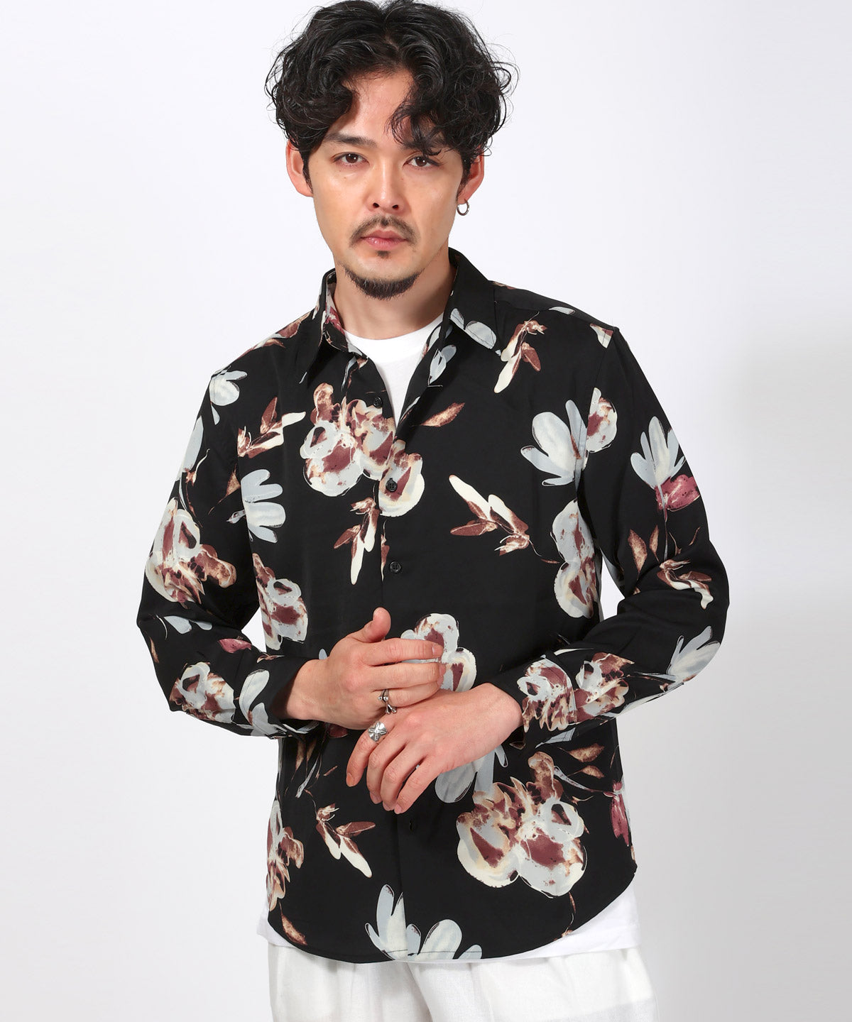 ラグスタイル LUXSTYLE 総柄長袖シャツ/総柄 ストライプ フラワー 花柄 プリント レギュラーカラー ドレープ キレイめ とろみ感 おしゃれ (5) 5