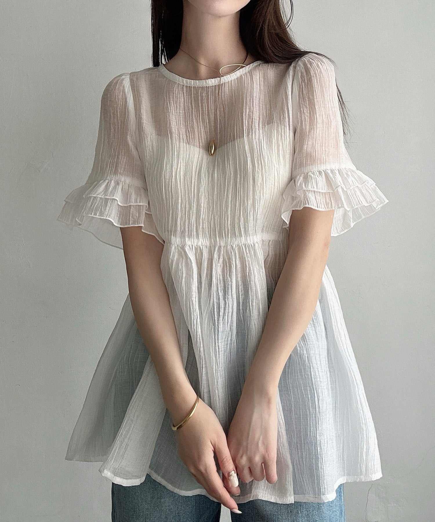 メイル Meiru Meiru シアーペプラムブラウス (ホワイト) ホワイト