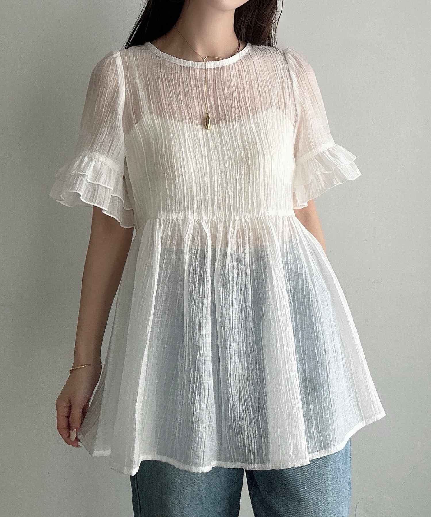 メイル Meiru Meiru シアーペプラムブラウス (ホワイト) ホワイト