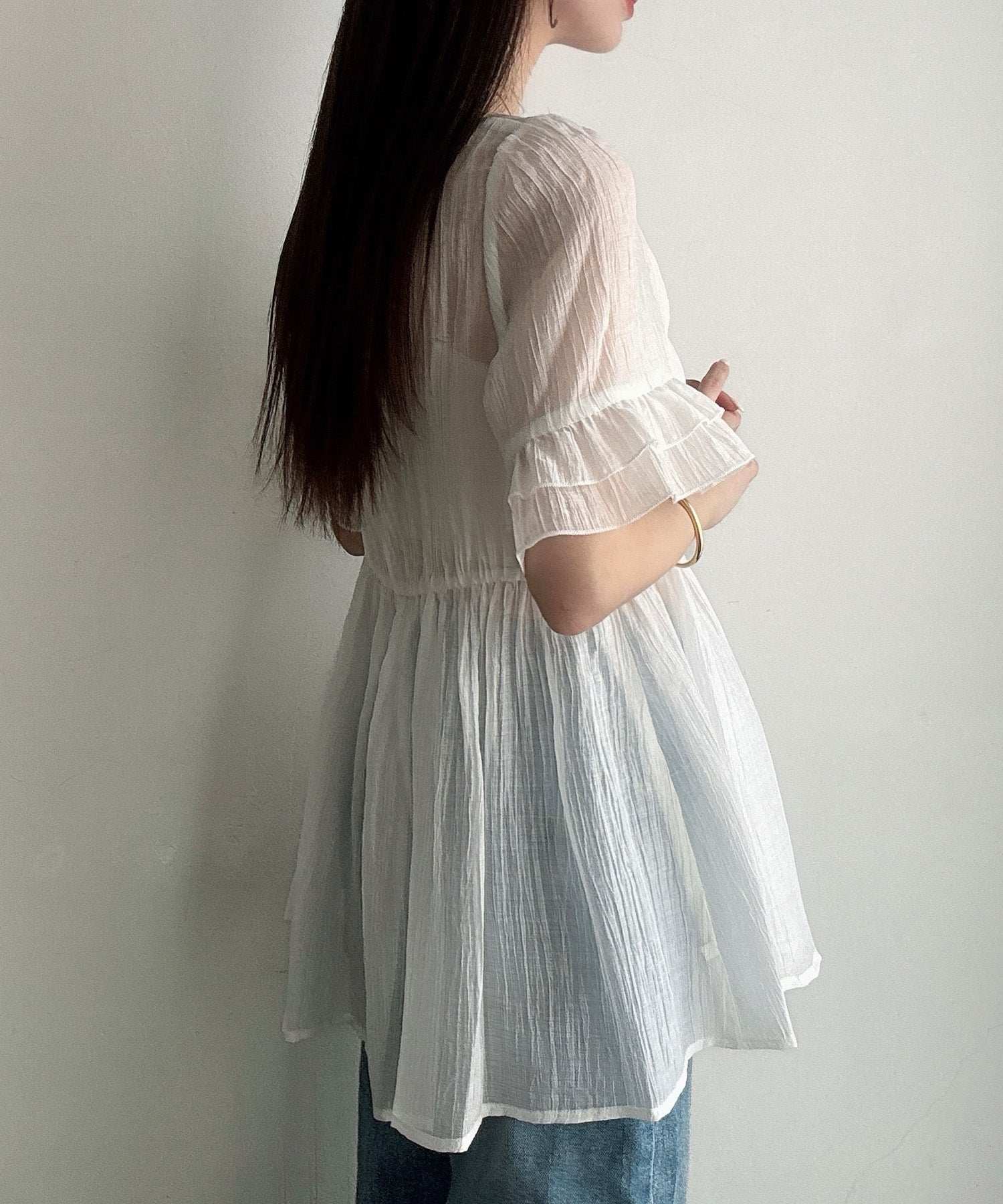 メイル Meiru Meiru シアーペプラムブラウス (ホワイト) ホワイト