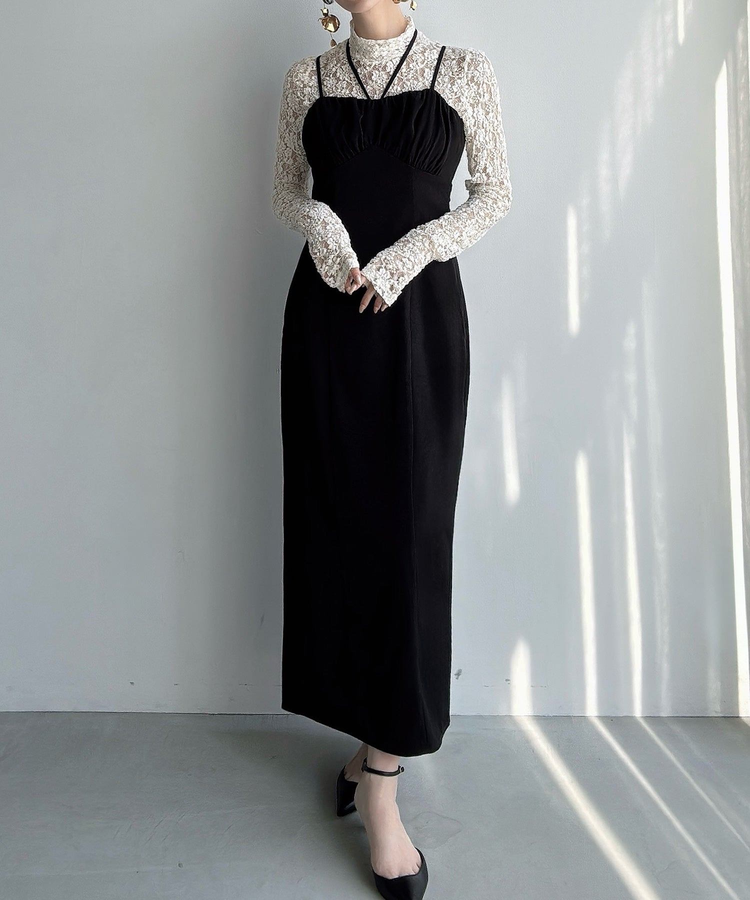 メイル Meiru Meiru ギャザーデザインIラインキャミワンピース(薄手) (ブラック) ブラック