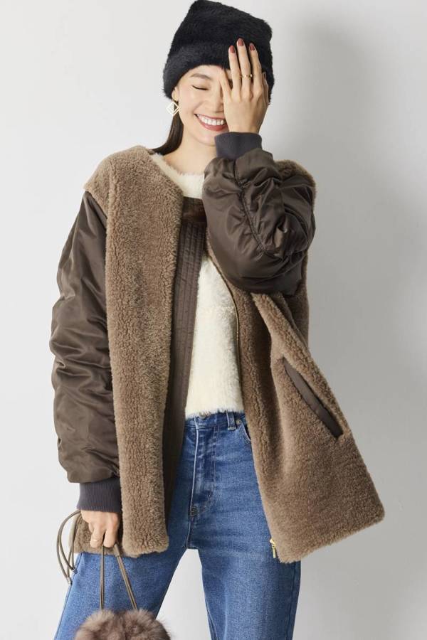 エムドゥ M.deux ナイロンボア切替コート (カーキ) カーキ