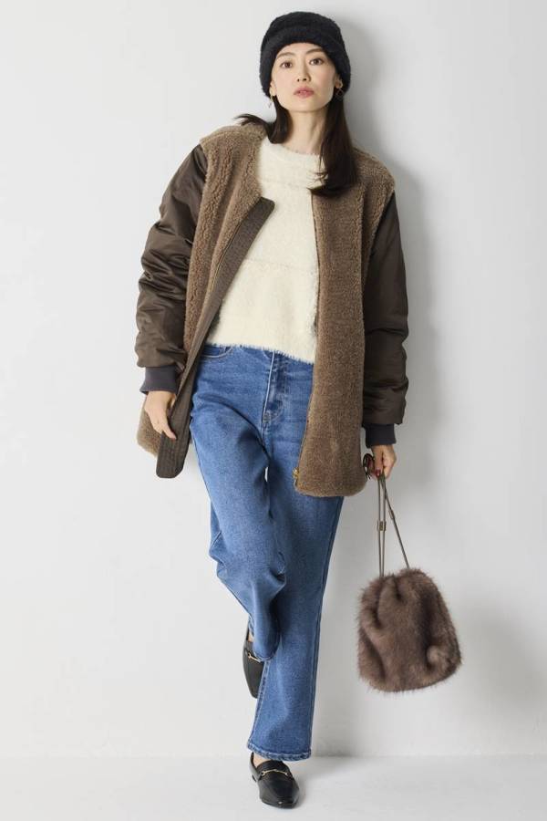 エムドゥ M.deux ナイロンボア切替コート (カーキ) カーキ