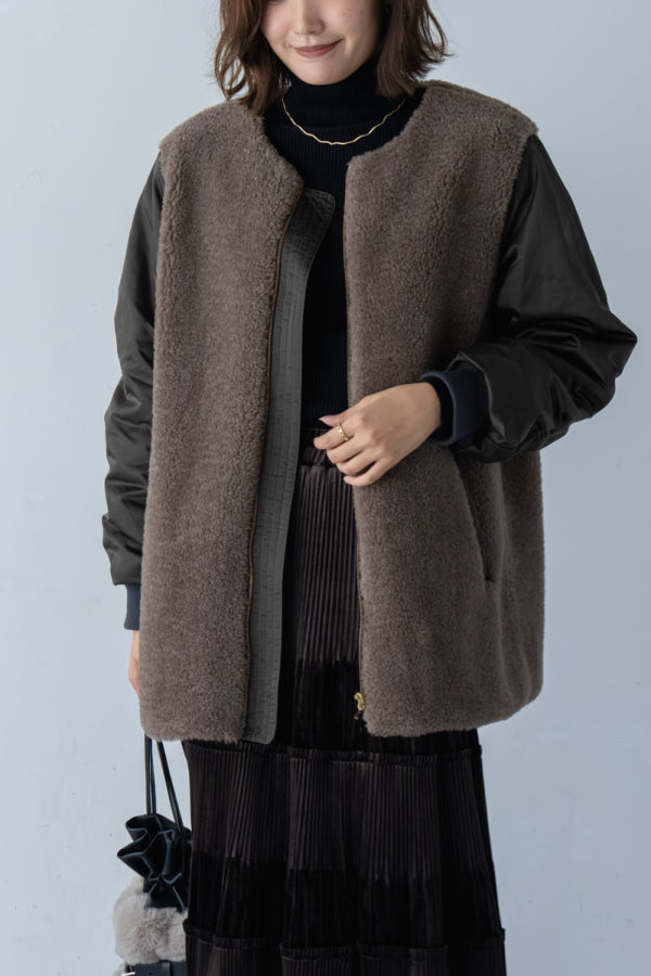 エムドゥ M.deux ナイロンボア切替コート (カーキ) カーキ