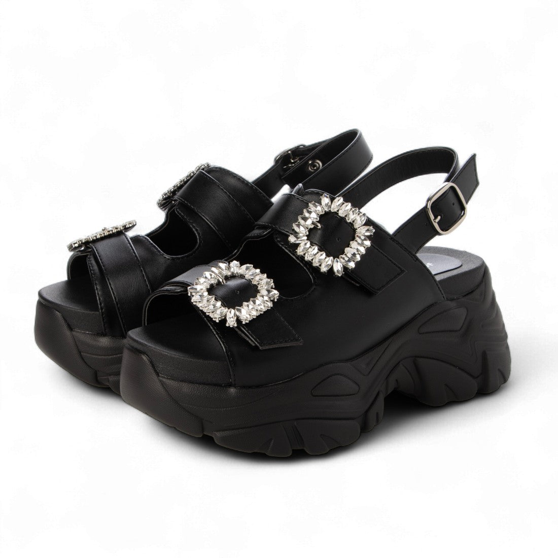 マフモフ Mafmof 【厚底】ビジュー付きダブルベルトスポーツサンダル 377 (ブラック) ブラック