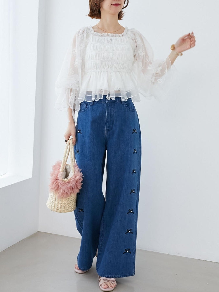 マジェスティックレゴン MAJESTIC LEGON リボンビジューデニムパンツ (ネイビー) ネイビー