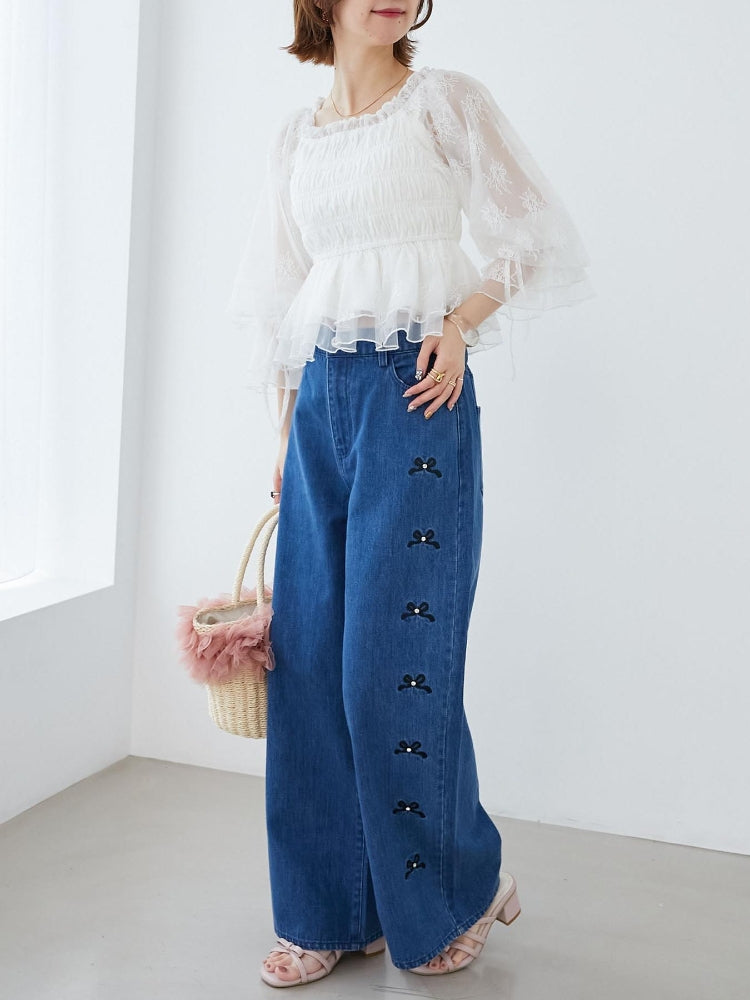 マジェスティックレゴン MAJESTIC LEGON リボンビジューデニムパンツ (ネイビー) ネイビー