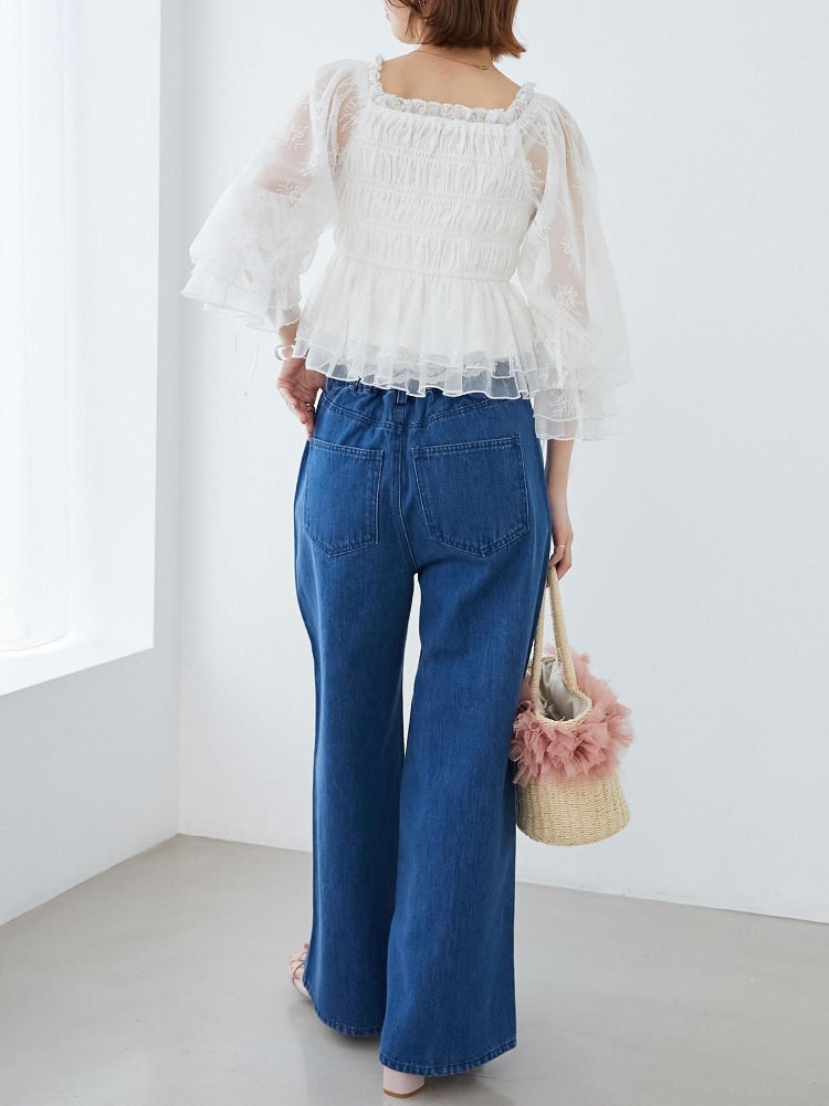 マジェスティックレゴン MAJESTIC LEGON リボンビジューデニムパンツ (ネイビー) ネイビー