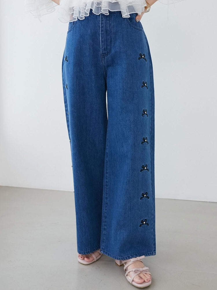 マジェスティックレゴン MAJESTIC LEGON リボンビジューデニムパンツ (ネイビー) ネイビー