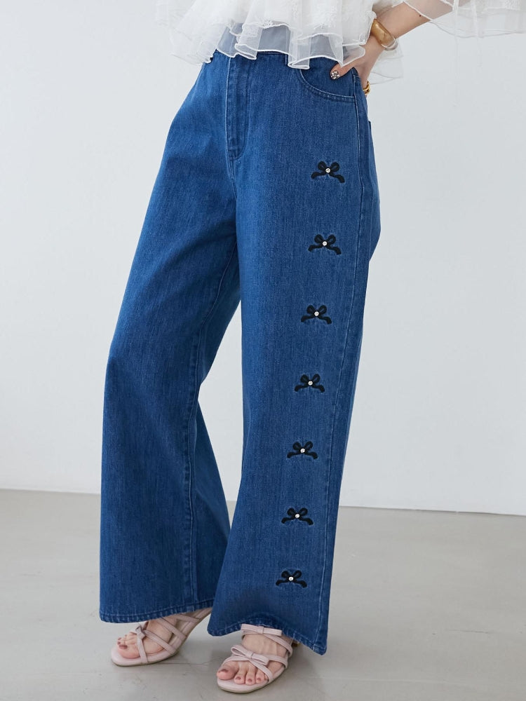 マジェスティックレゴン MAJESTIC LEGON リボンビジューデニムパンツ (ネイビー) ネイビー