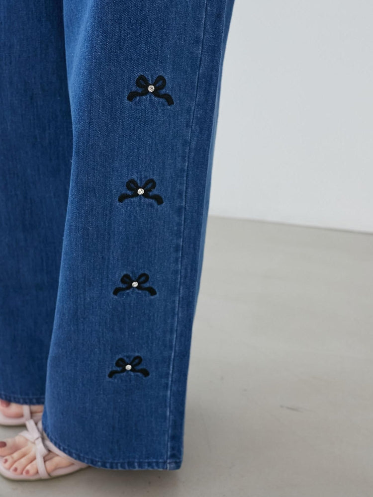 マジェスティックレゴン MAJESTIC LEGON リボンビジューデニムパンツ (ネイビー) ネイビー