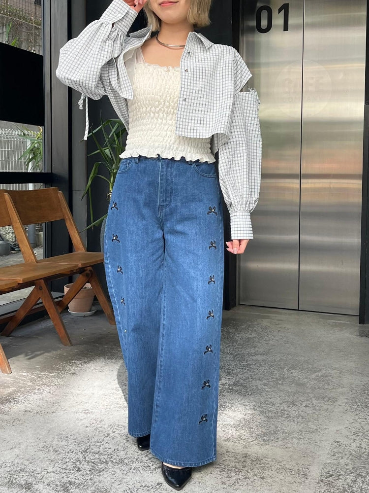 マジェスティックレゴン MAJESTIC LEGON リボンビジューデニムパンツ (ネイビー) ネイビー