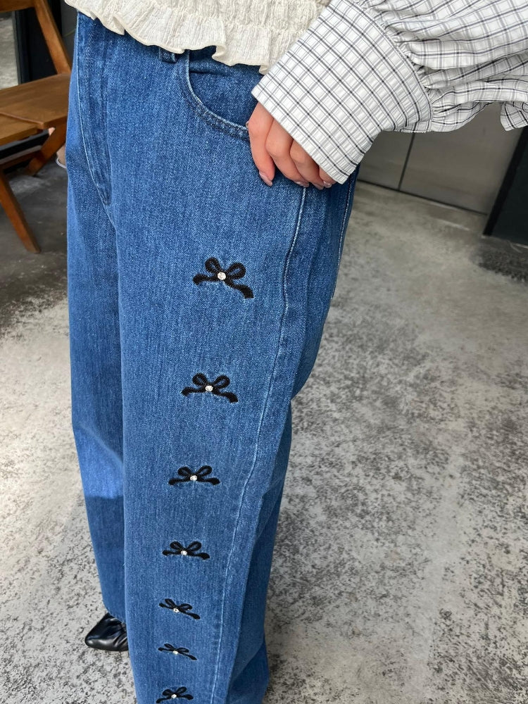 マジェスティックレゴン MAJESTIC LEGON リボンビジューデニムパンツ (ネイビー) ネイビー