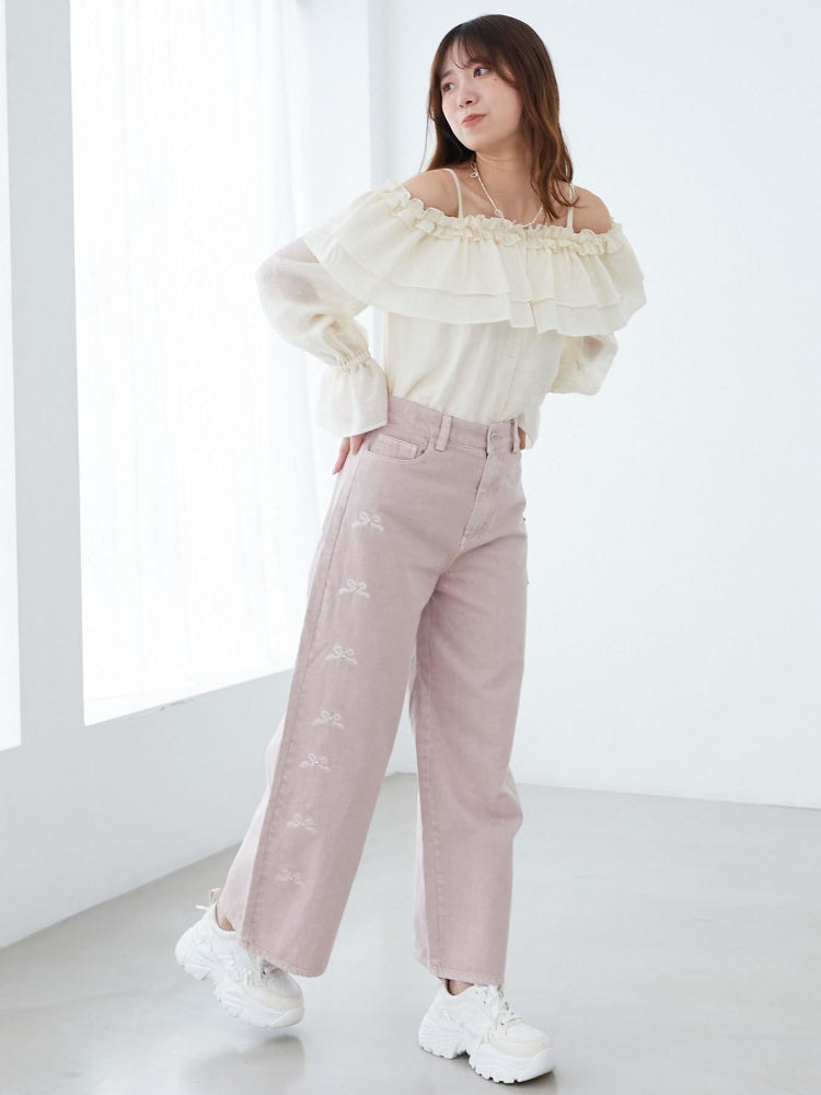 マジェスティックレゴン MAJESTIC LEGON リボンビジューデニムパンツ (ネイビー) ネイビー