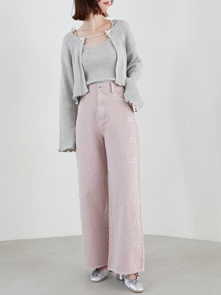 マジェスティックレゴン MAJESTIC LEGON リボンビジューデニムパンツ (ネイビー) ネイビー