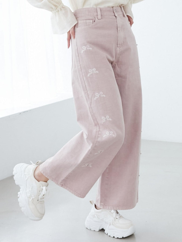 マジェスティックレゴン MAJESTIC LEGON リボンビジューデニムパンツ (ネイビー) ネイビー