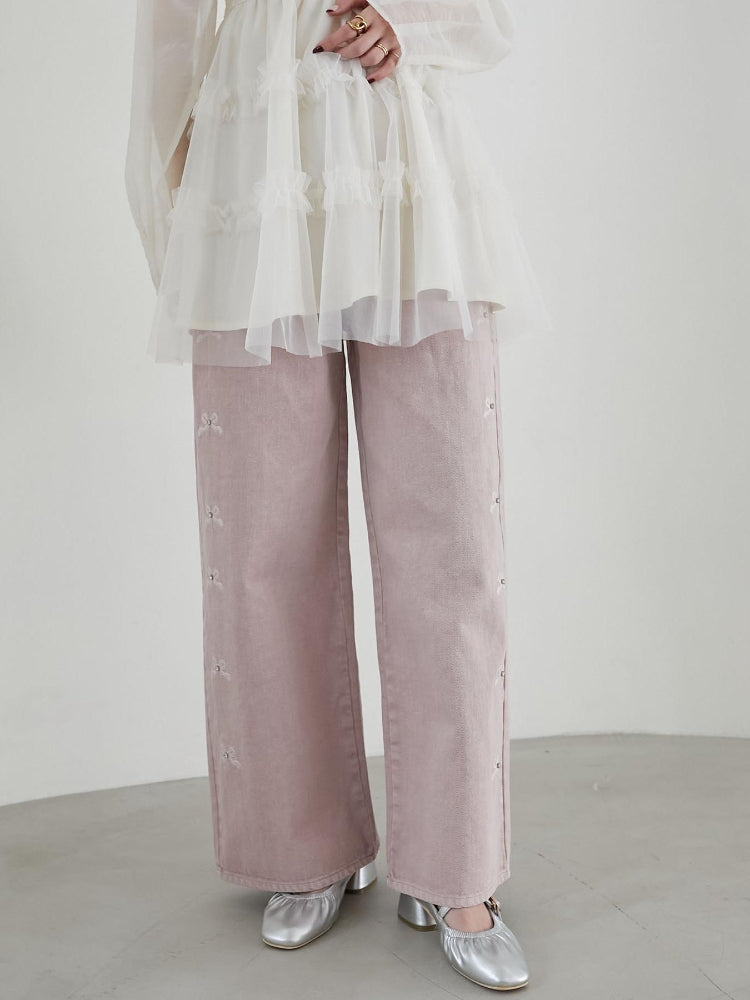 マジェスティックレゴン MAJESTIC LEGON リボンビジューデニムパンツ (ネイビー) ネイビー