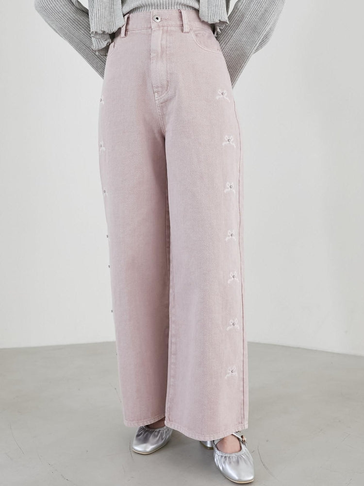 マジェスティックレゴン MAJESTIC LEGON リボンビジューデニムパンツ (ネイビー) ネイビー