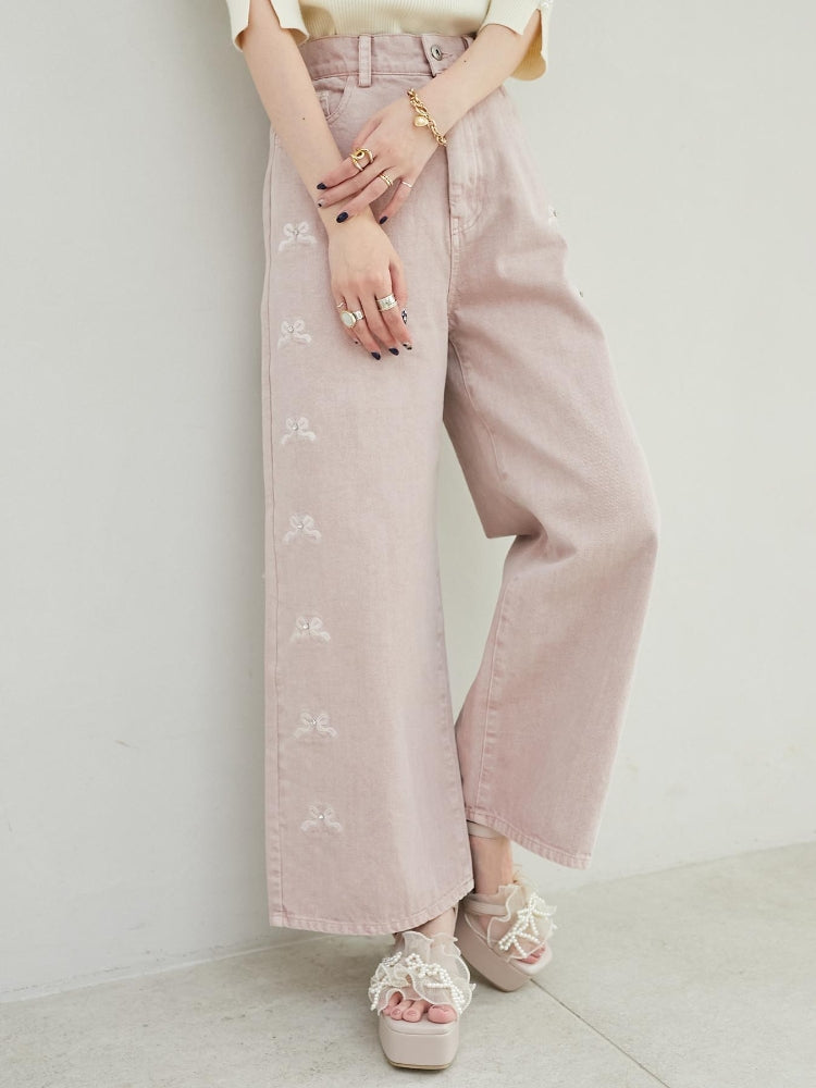 マジェスティックレゴン MAJESTIC LEGON リボンビジューデニムパンツ (ネイビー) ネイビー