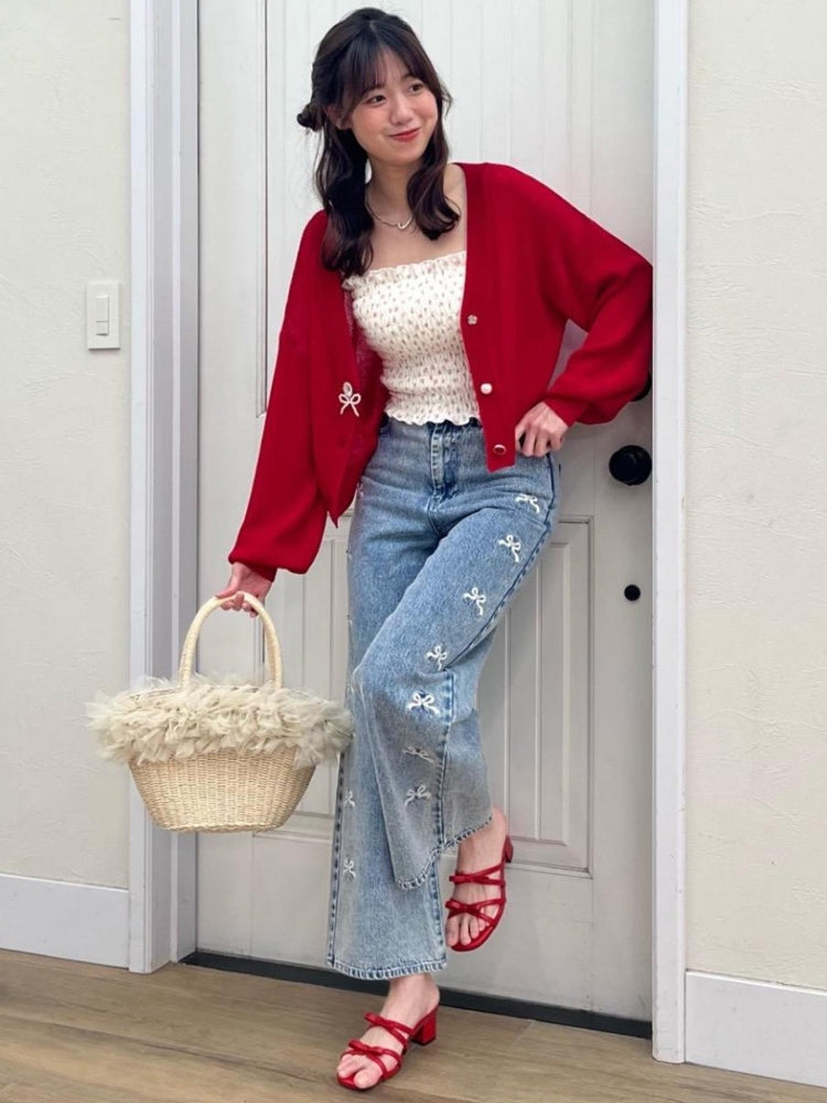 マジェスティックレゴン MAJESTIC LEGON リボンビジューデニムパンツ (ネイビー) ネイビー