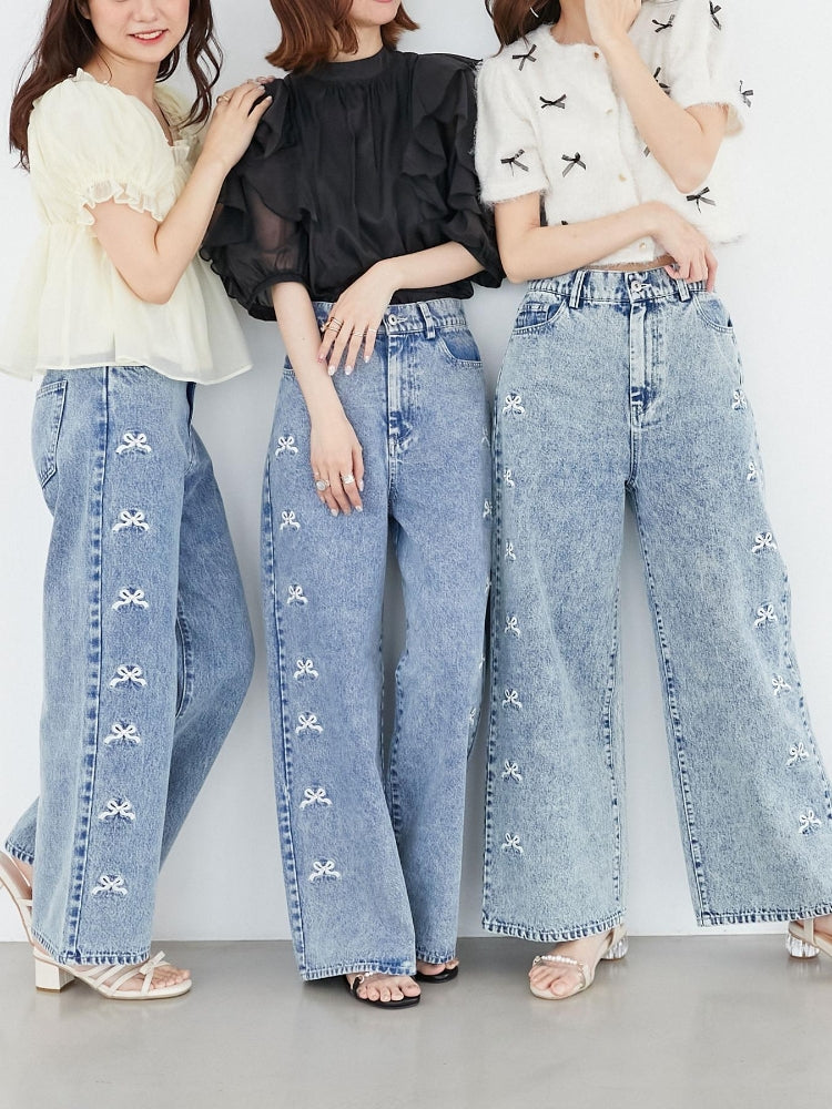 マジェスティックレゴン MAJESTIC LEGON リボンビジューデニムパンツ (ネイビー) ネイビー