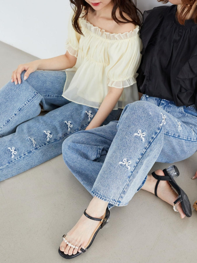 マジェスティックレゴン MAJESTIC LEGON リボンビジューデニムパンツ (ネイビー) ネイビー