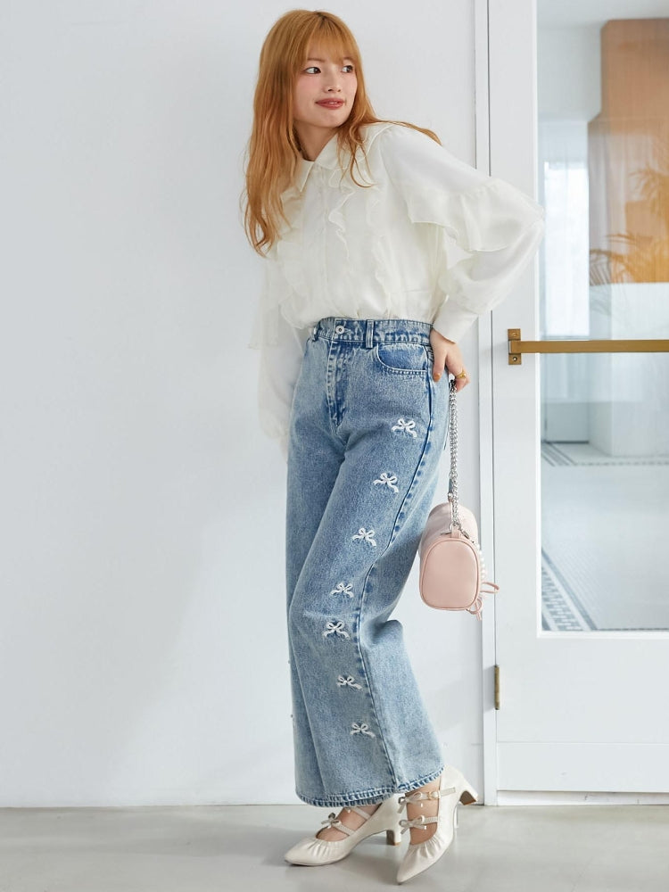 マジェスティックレゴン MAJESTIC LEGON リボンビジューデニムパンツ (ネイビー) ネイビー