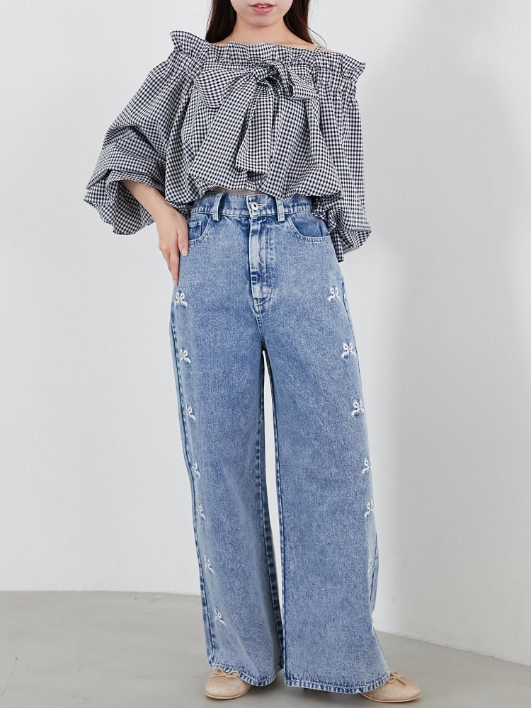 マジェスティックレゴン MAJESTIC LEGON リボンビジューデニムパンツ (ネイビー) ネイビー