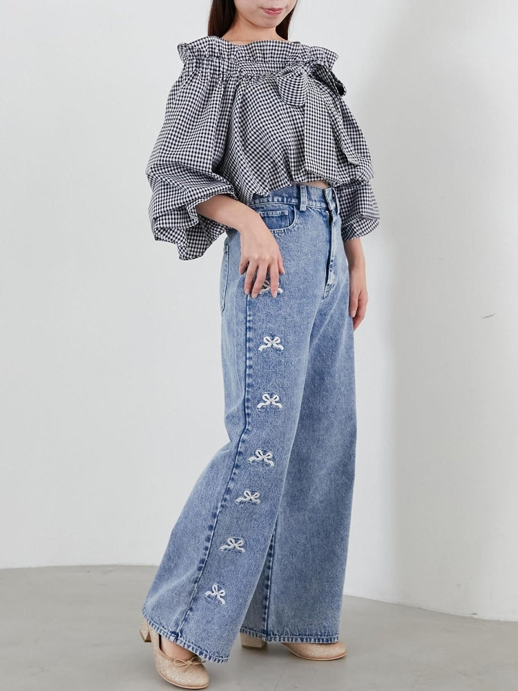 マジェスティックレゴン MAJESTIC LEGON リボンビジューデニムパンツ (ネイビー) ネイビー