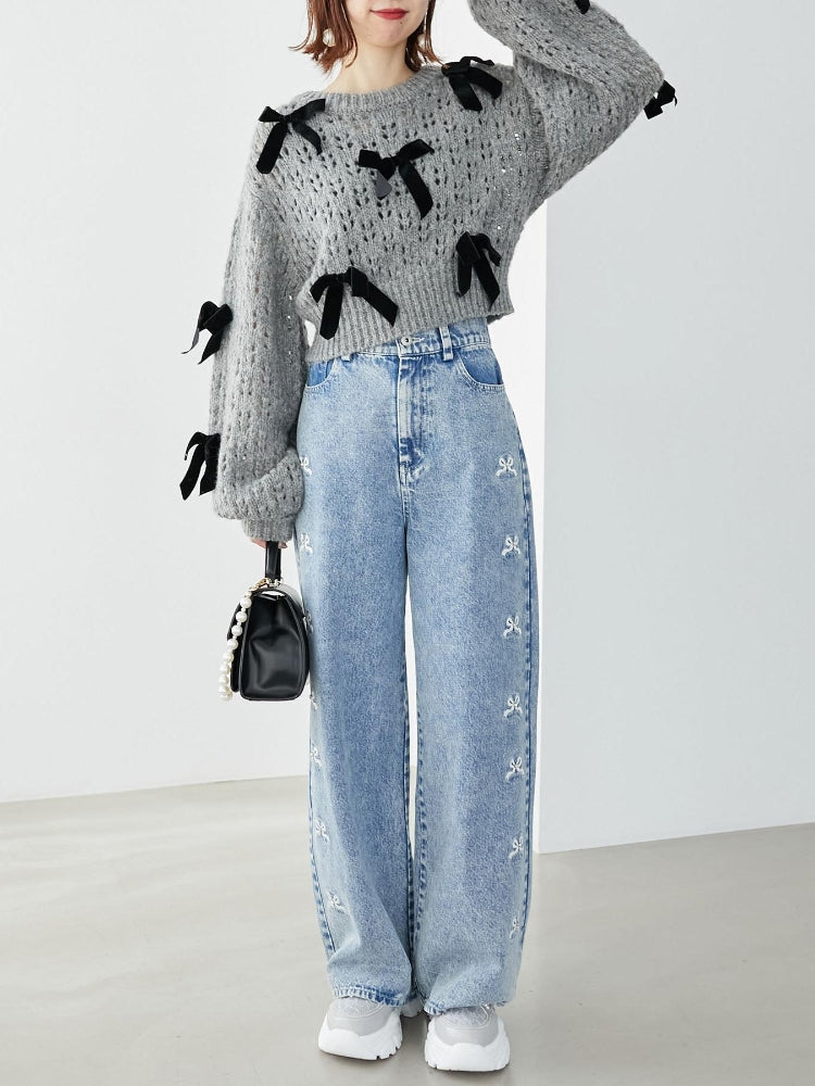 マジェスティックレゴン MAJESTIC LEGON リボンビジューデニムパンツ (ネイビー) ネイビー