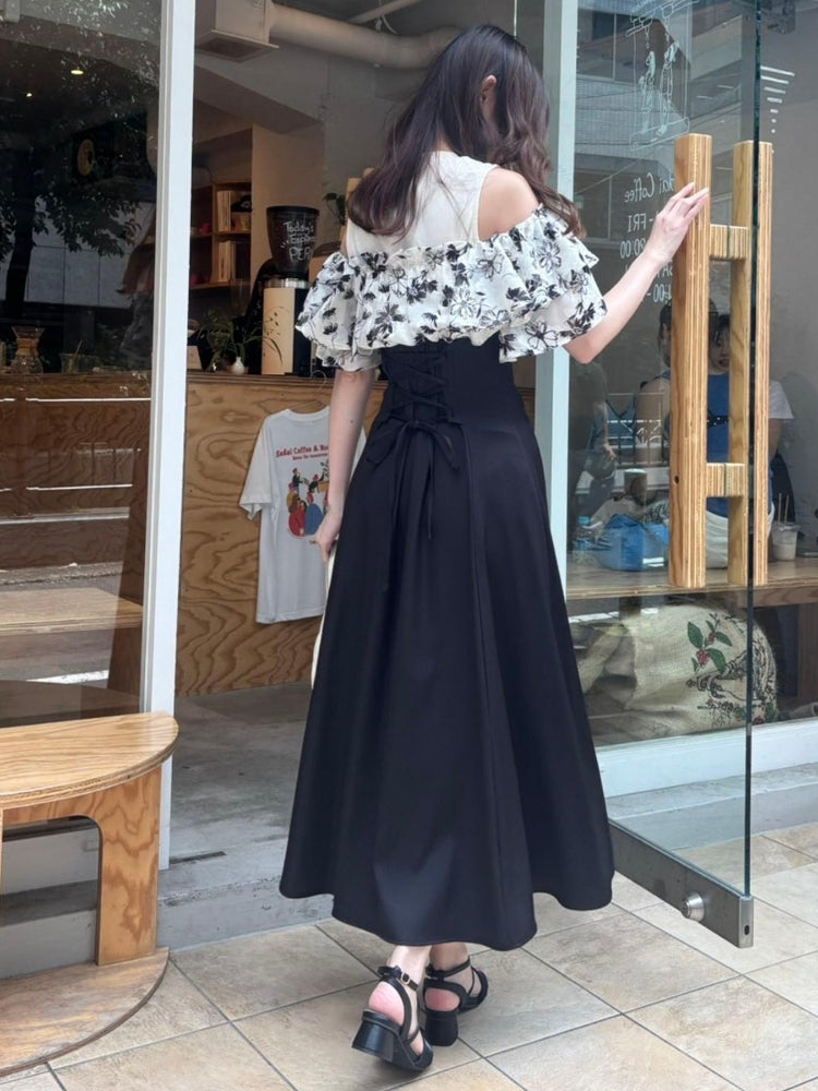 マジェスティックレゴン MAJESTIC LEGON ウエストきゅっとフリルフレアワンピ (ブラック) ブラック