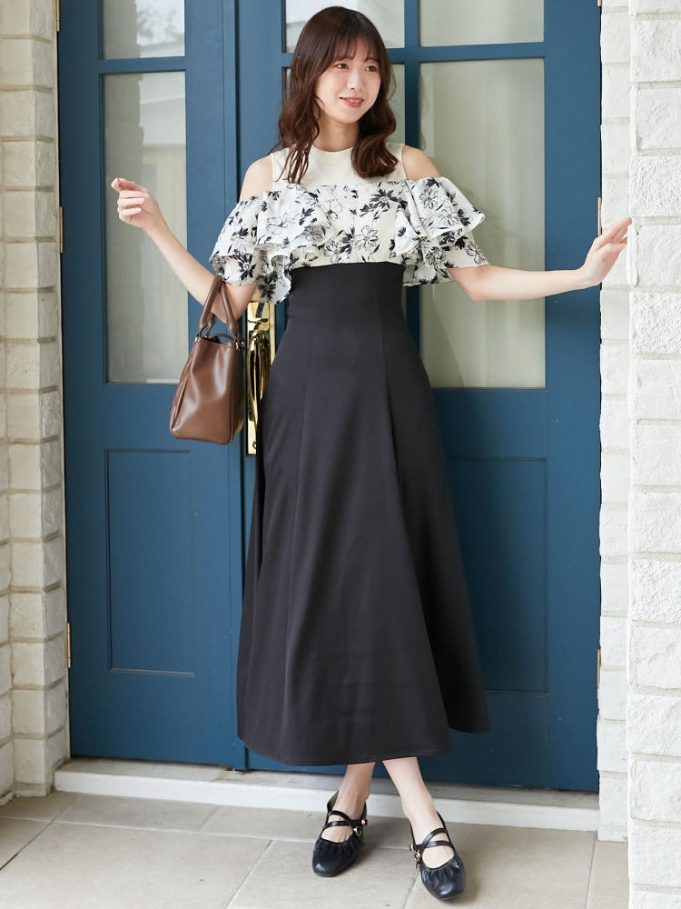 マジェスティックレゴン MAJESTIC LEGON ウエストきゅっとフリルフレアワンピ (ブラック) ブラック