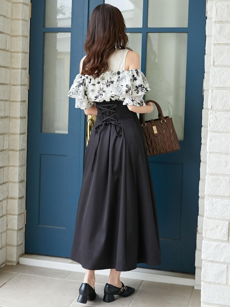 マジェスティックレゴン MAJESTIC LEGON ウエストきゅっとフリルフレアワンピ (ブラック) ブラック