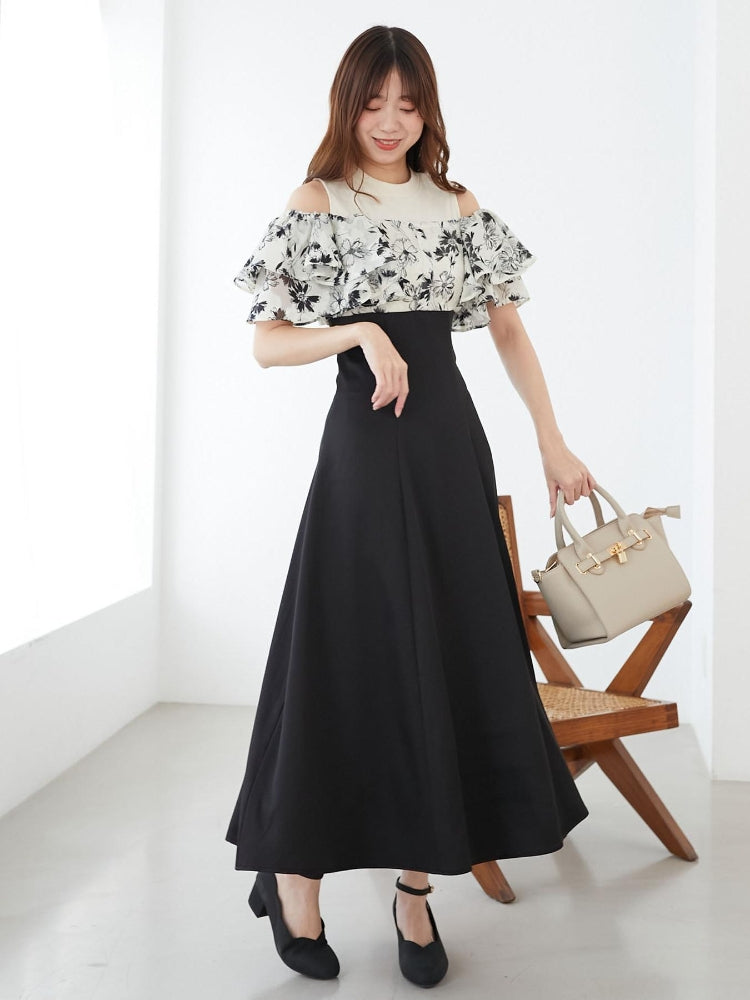 マジェスティックレゴン MAJESTIC LEGON ウエストきゅっとフリルフレアワンピ (ブラック) ブラック