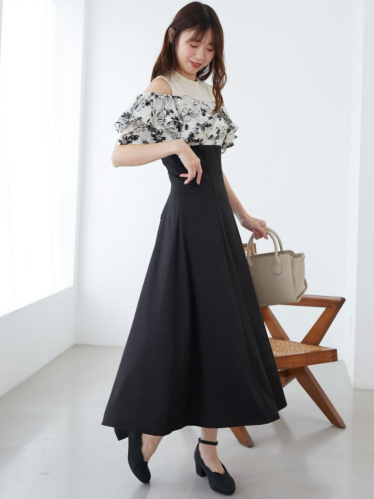 マジェスティックレゴン MAJESTIC LEGON ウエストきゅっとフリルフレアワンピ (ブラック) ブラック